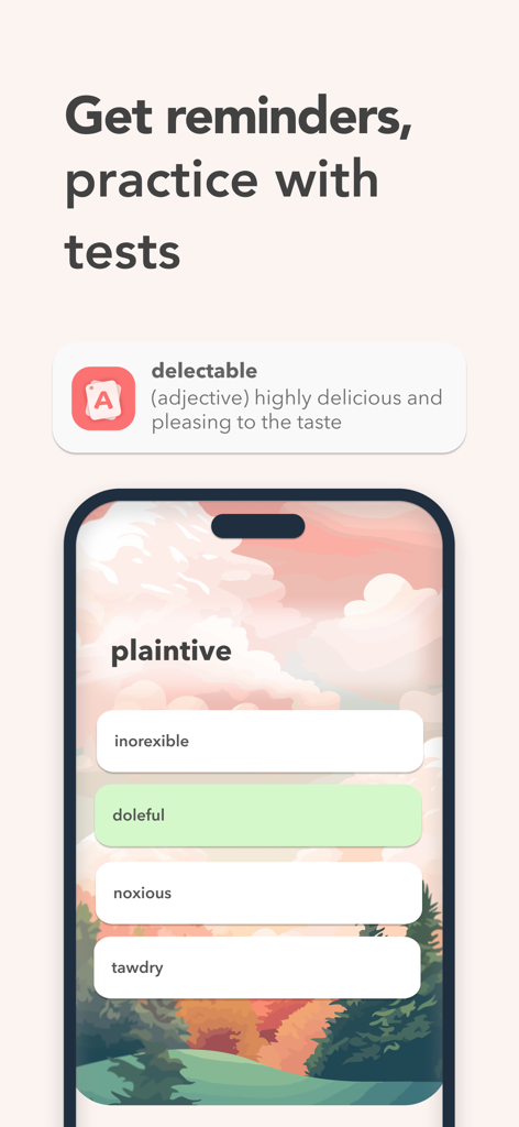 Vocabulary Builder by Atlas - Vocabulary Builder by Atlasアプリのインターフェース。語彙テストと毎日の単語通知バナーが表示されている。