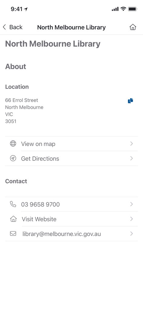Contact and location information for the North Melbourne Library branch within the City of Melbourne Libraries mobile app