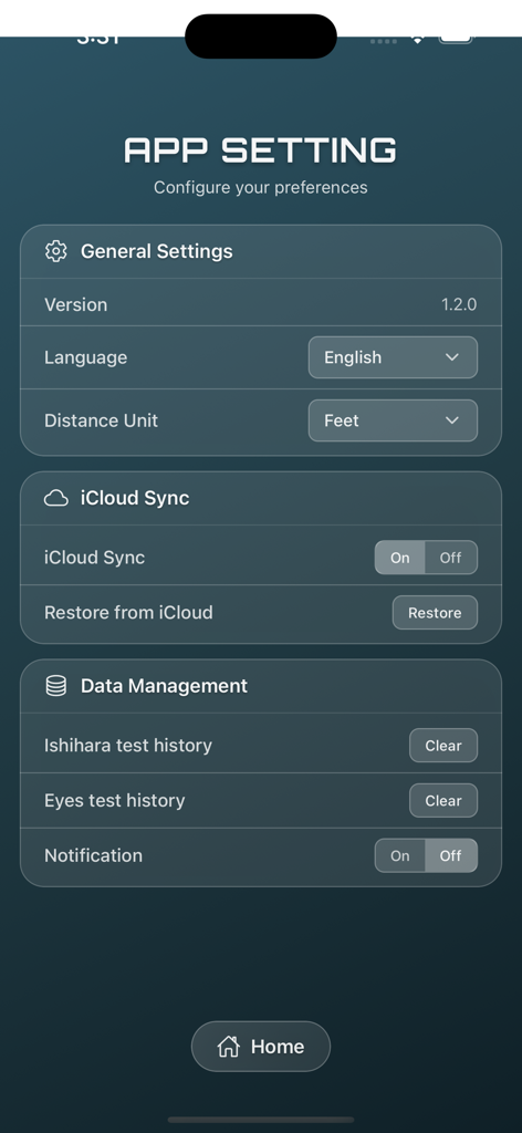 uSagI Eyes Protect - Interfaz de configuración de la aplicación uSagI Eyes Protect con configuraciones generales, opciones de sincronización de iCloud y gestión de datos de pruebas de visión.