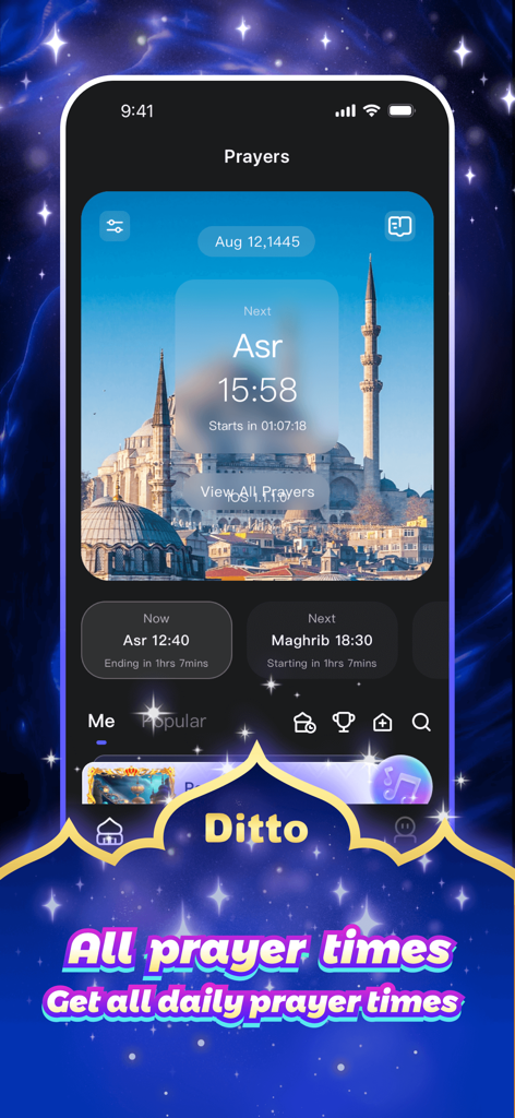Interface do aplicativo Ditto exibindo horários de oração islâmicos diários com um fundo de mesquita