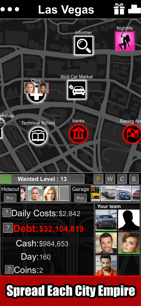 Crime Life Simulator -Text GTA - Gameplay screen of Crime Life Simulator showing a city map of Las Vegas with criminal activities and empire statistics.