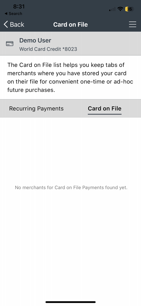 CardWise Mobile - A screenshot of the CardWise Mobile app displaying the Card on File merchant tracking feature