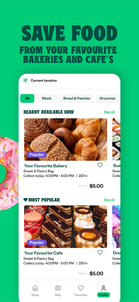 Gone Good - Mobile app interface of Gone Good showing available surplus food bags from local bakeries and cafes