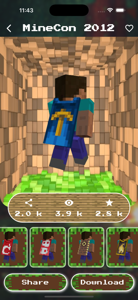 Skins for Minecraft PE - MCPE - Preview of a Minecraft character wearing a blue MineCon 2012 cape