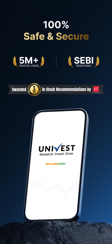 Tela promocional do aplicativo de investimento em ações Univest mostrando o registro SEBI e os prêmios ET para recomendações de ações