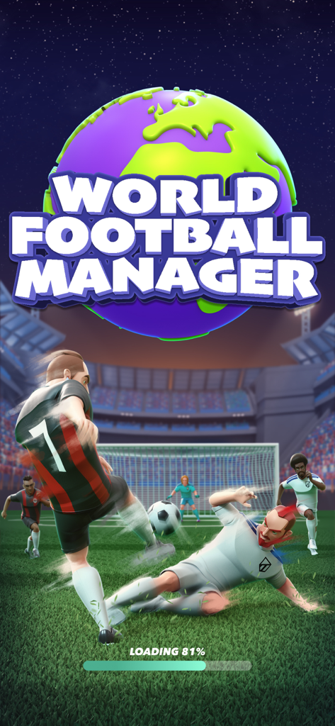 World Football Manager 2025 splash screen featuring animated soccer players in a stadium with a stylized globe logo