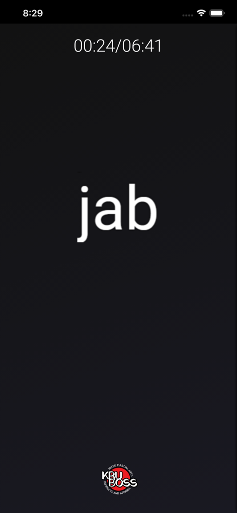 Kruboss Bag Work - 黒い背景にセッションタイマーが表示されたジャブストライクコマンドを表示するKrubossアプリのワークアウトインターフェイス