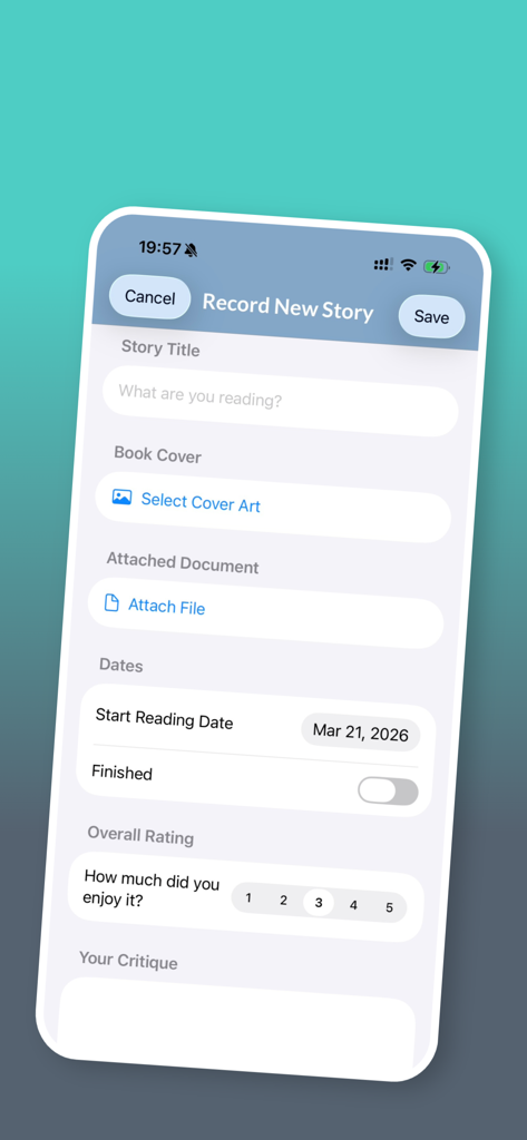 lela cultrual - Captura de pantalla de la pantalla Registrar Nueva Historia en la aplicación lela cultural que muestra campos para la portada y la calificación del libro.