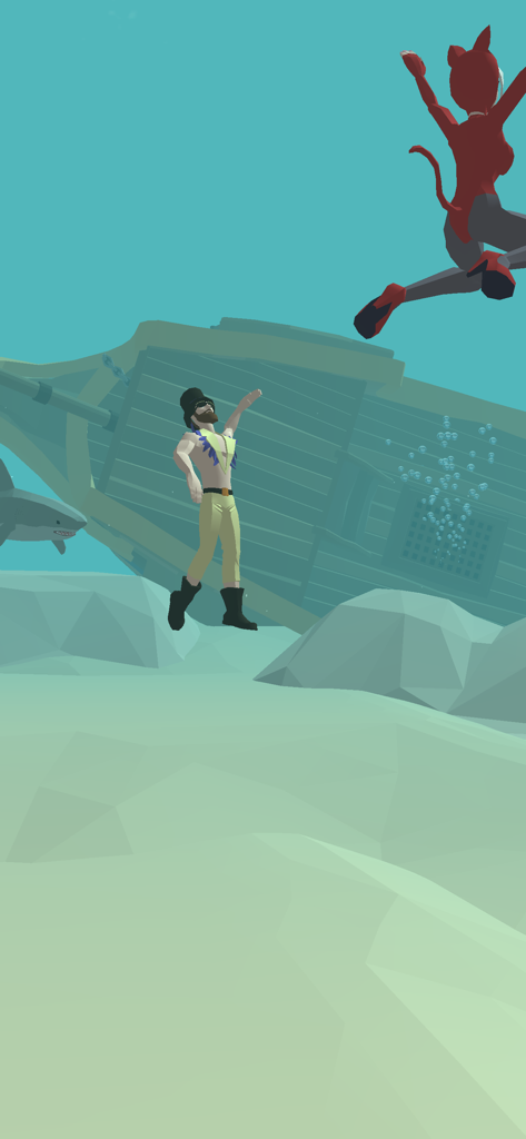 Aqua Thrills: Water Slide Park - Low poly characters floating underwater near a sunken ship and a shark in Aqua Thrills