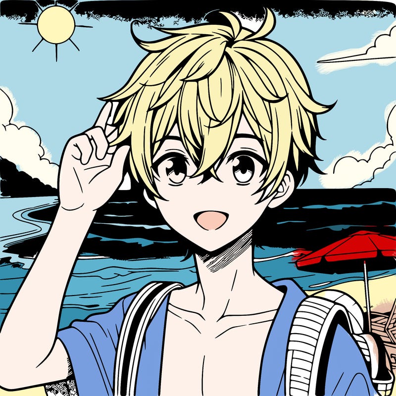 anime boy at the beach
