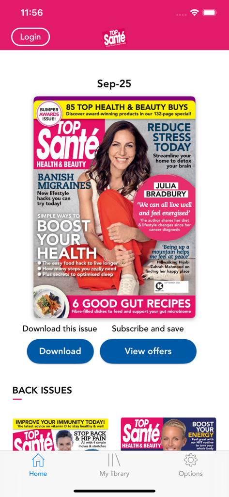 Top Santé - The home screen of the Top Sante digital magazine app showing the latest health and beauty issue and back issues for download.