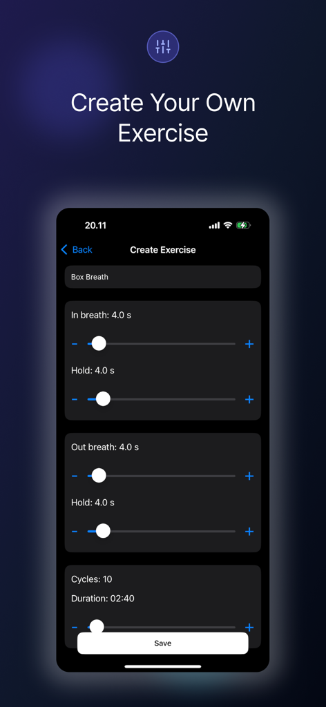 A mobile interface for creating a custom breathing exercise with adjustable sliders for inhale, hold, and exhale durations.