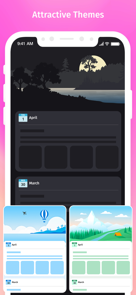 Secret Diary With Lock - A mobile app screen showcasing attractive themes and wallpapers for a secret diary including dark mode and scenic landscapes.