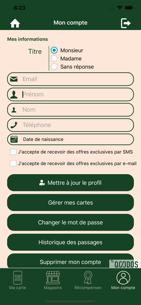 Pépite Libourne - Pantalla de configuración de cuenta de la app Pépite Libourne con información del perfil de usuario y botones de gestión.