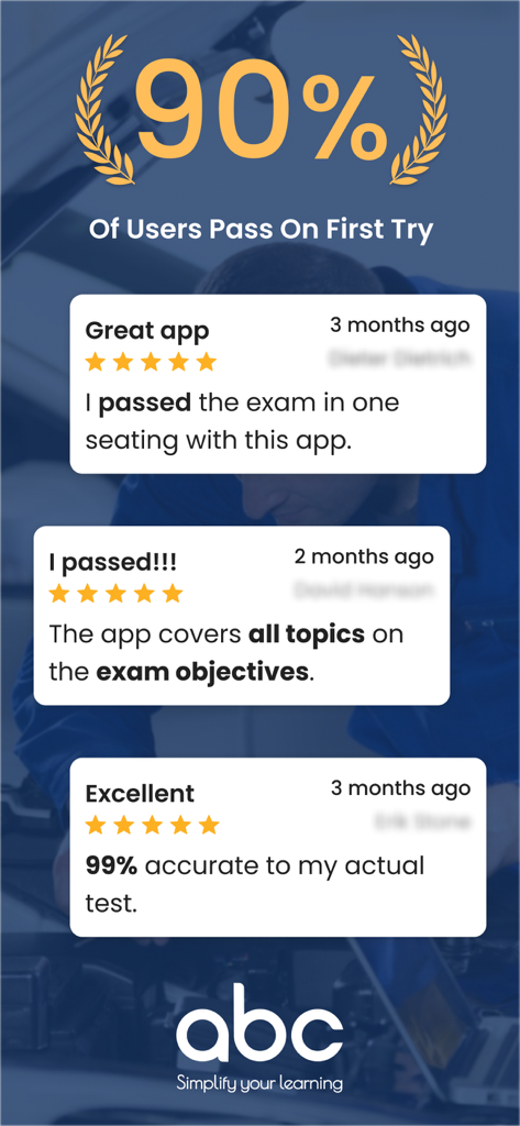 ASE A-Series Test Prep app reviews showing a 90 percent first-try pass rate and positive user testimonials