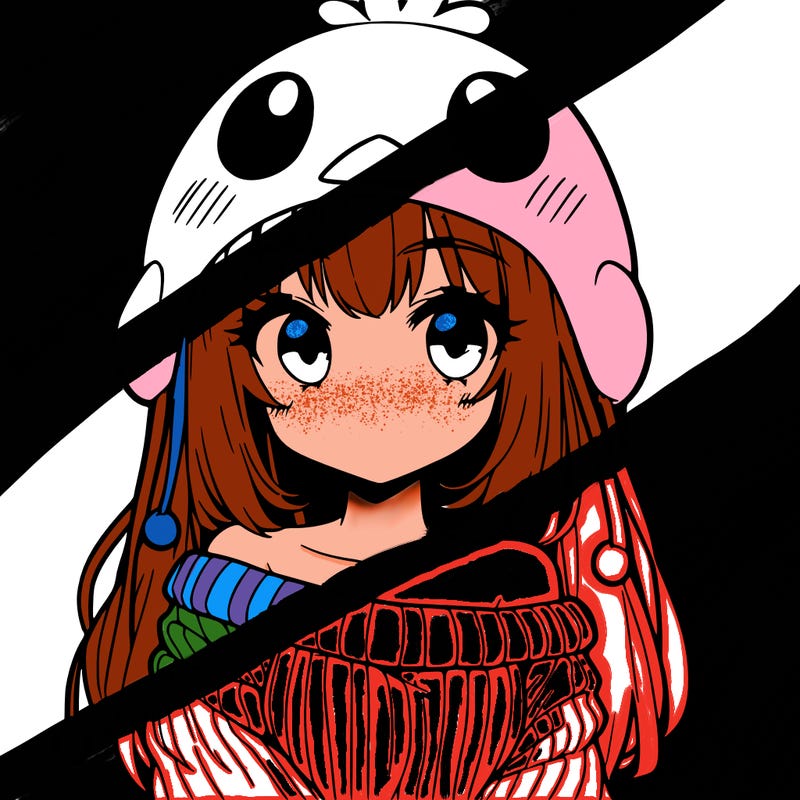 anime girl with chick shaped hat with sweater with bare shoulders with bangs covering them one eye with low tail