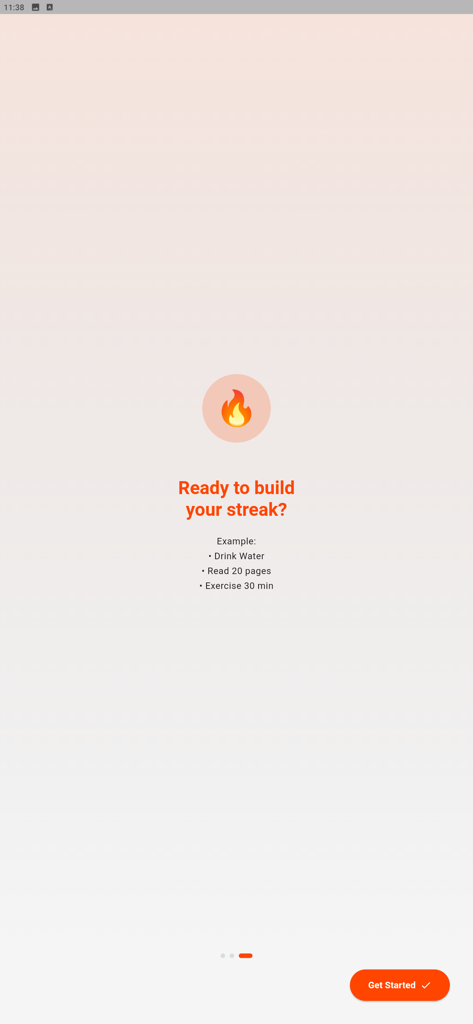 Habit Streak : Tracker - Pantalla de incorporación de la aplicación Habit Streak que muestra un icono de llama y un mensaje para construir una racha de hábitos.