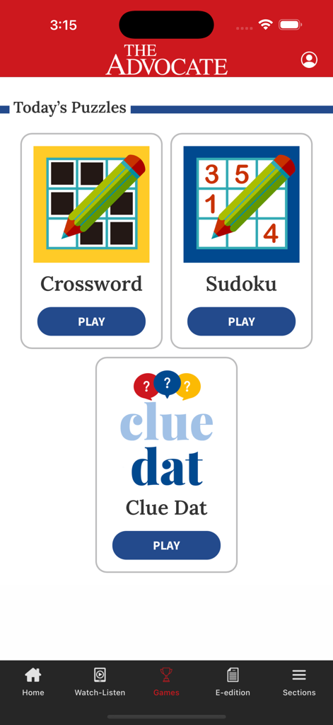 The Advocate - The Advocate app games section showing Today's Puzzles with options for Crossword Sudoku and Clue Dat