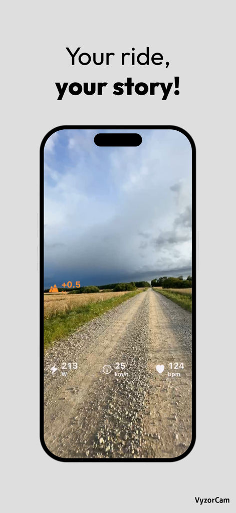 VyzorCam - VyzorCam app interface showing live cycling telemetry overlays for speed power and heart rate on a ride video