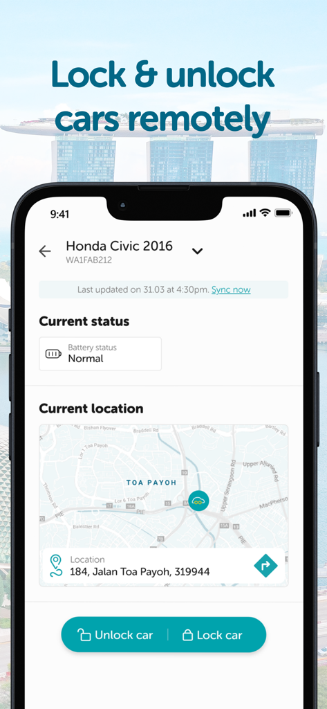 Drive lah - Interfaz de aplicación móvil que muestra funciones de bloqueo y desbloqueo remoto de coches con ubicación en el mapa.