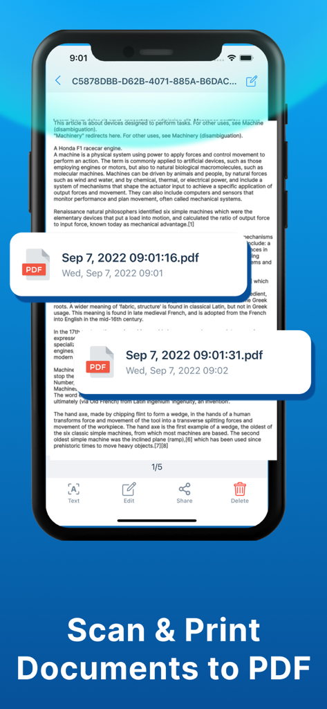 Smart Air Printer App - Scan - Interfaz de Smart Air Printer App mostrando la función de escanear e imprimir documentos a PDF en un iPhone