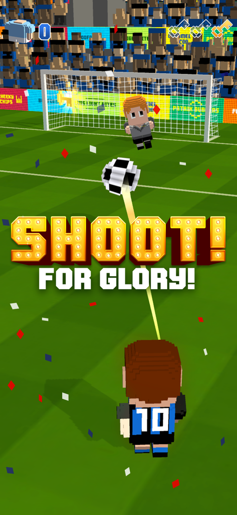 Blocky Soccer - A voxel-style soccer player shooting a ball towards the goal in Blocky Soccer.