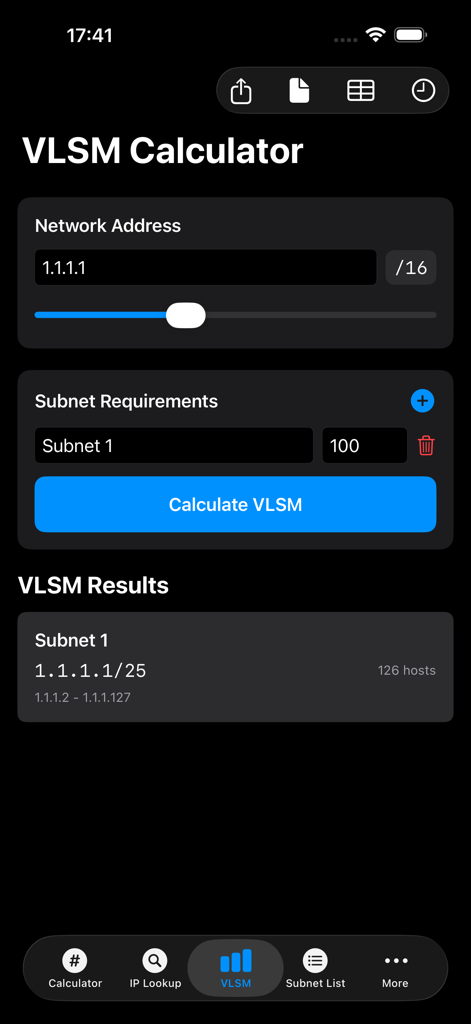 SubnetCalc Pro - 네트워크 주소 입력 및 계산된 서브넷 결과를 보여주는 SubnetCalc Pro 앱의 VLSM 계산기 화면
