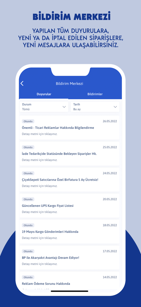 Çiçeksepeti Satıcı Paneli - Notification center screen showing business announcements and order updates for sellers