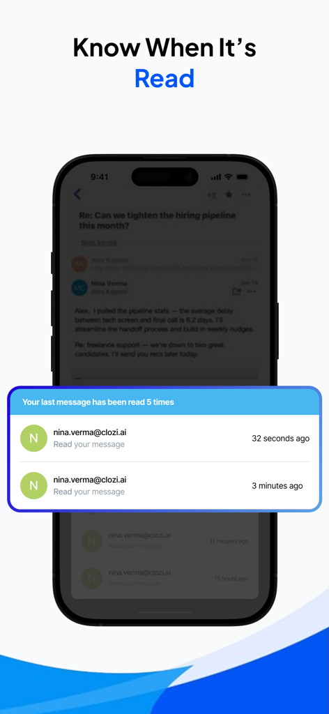 Polymail mobile app interface showing real-time email read receipts and tracking notifications.