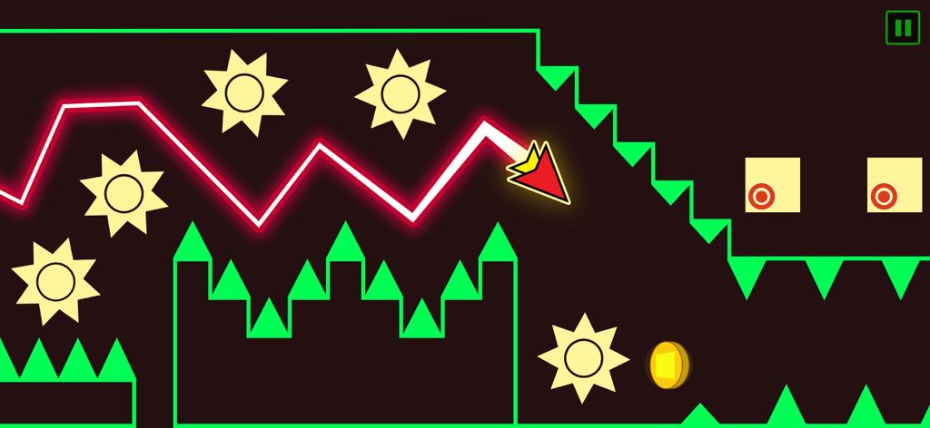 Uma seta vermelha navegando por um percurso de obstáculos geométricos neon com um rastro brilhante em zigue-zague.