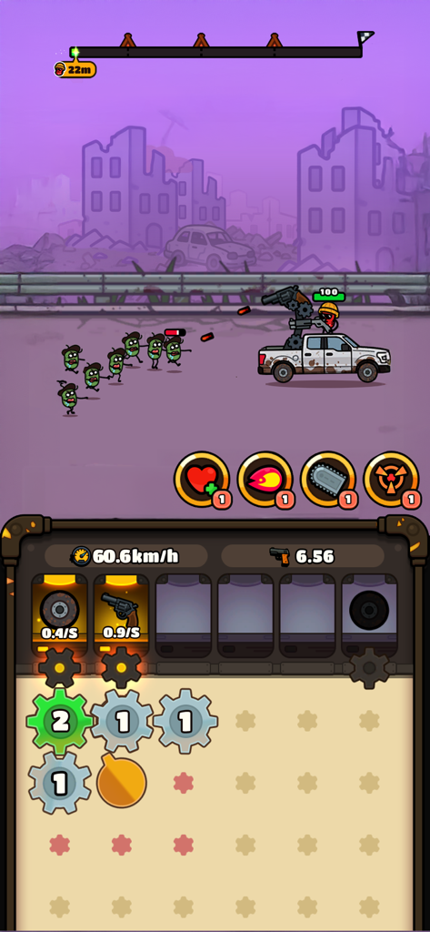 Gear Truck gameplay showing a truck shooting at zombies and a gear merge puzzle interface
