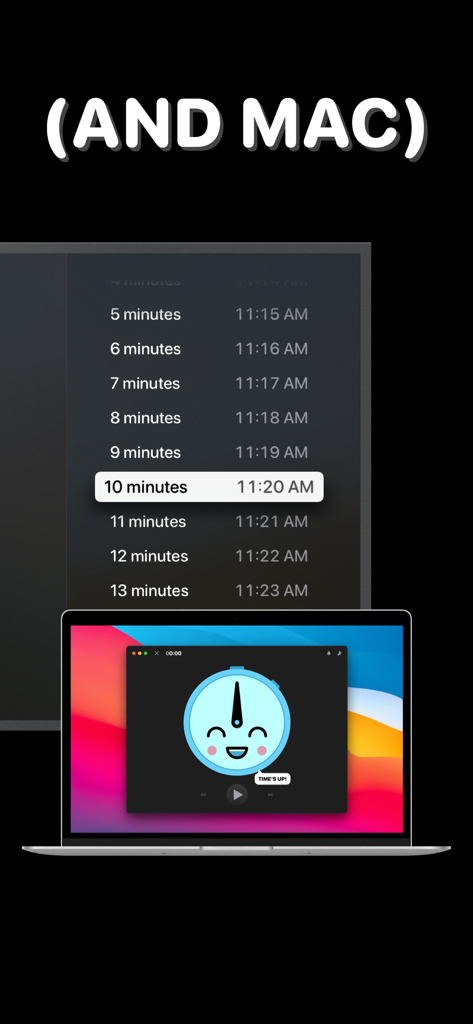 Interfaz del Temporizador Visual Time's Up en un MacBook y una pantalla grande.