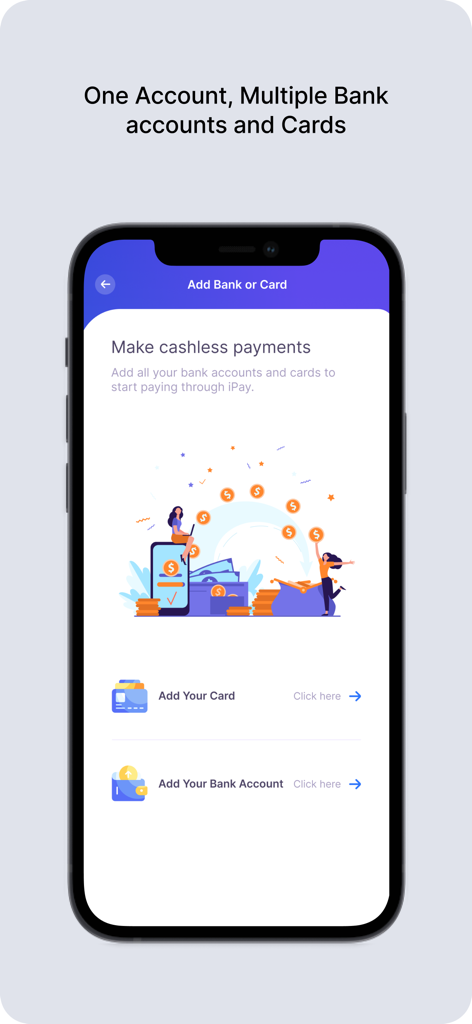 iPay Sri Lanka - iPay Sri Lanka app interface for adding multiple bank accounts and cards for cashless payments