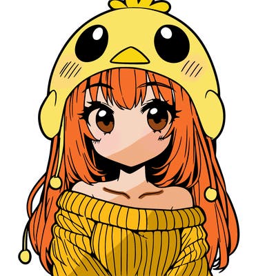 anime girl with chick shaped hat with sweater with bare shoulders with bangs covering them one eye with low tail