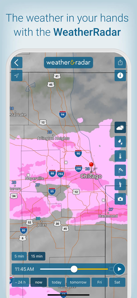 A high-resolution weather radar map of Chicago showing active storm patterns in pink.