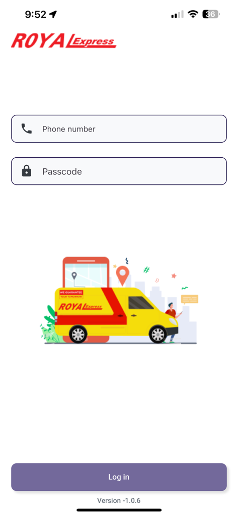 Royal Express Transport - Pantalla de inicio de sesión de la aplicación Royal Express Transport que muestra los campos de entrada de número de teléfono y código de acceso con una ilustración de una furgoneta de reparto