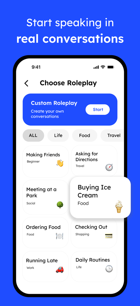 Interface showing conversational roleplay scenarios for language learning in Pingo AI.