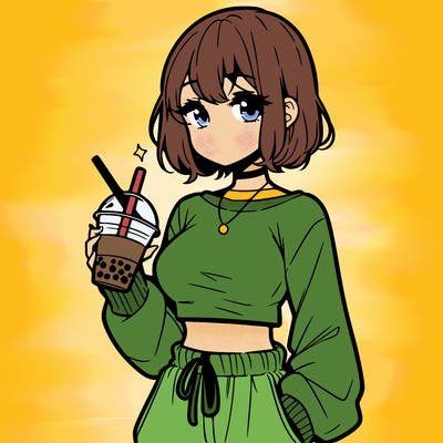 manga girl drinking boba anime wearing a crop top and baggy sweats