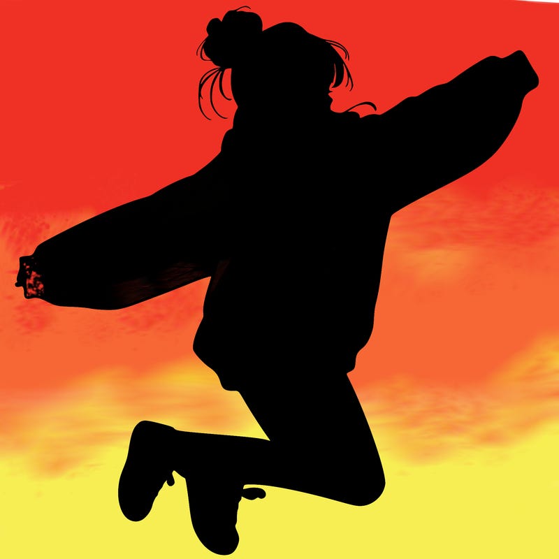realistic girl jumping with a bun and oversized sweatshirt