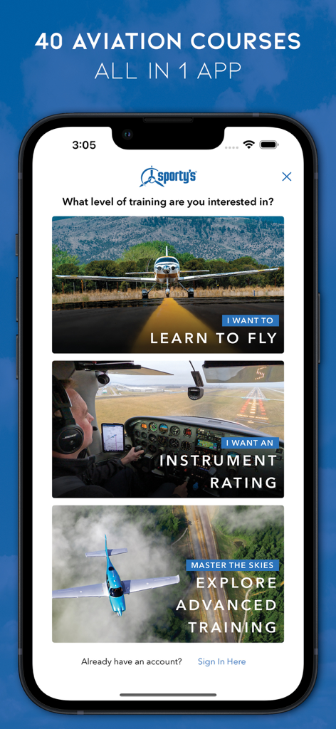 Sporty's Pilot Training app interface showing options for flight training levels including learn to fly and instrument rating