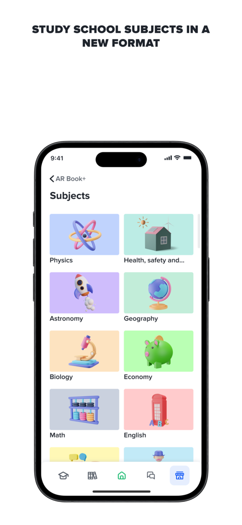 Mobile app interface displaying a menu of school subjects with colorful 3D icons for interactive learning
