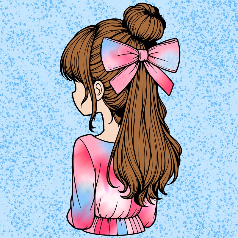 realistic girl  with hip length hair a bun and a big bow on the back of head