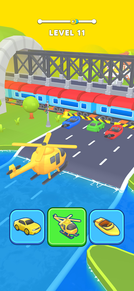 Shape Shifter: Shifting Race - Shape Shifter Shifting Raceのモバイルゲームで、黄色いヘリコプターが水上を飛行している様子。下部には乗り物変身ボタンが表示