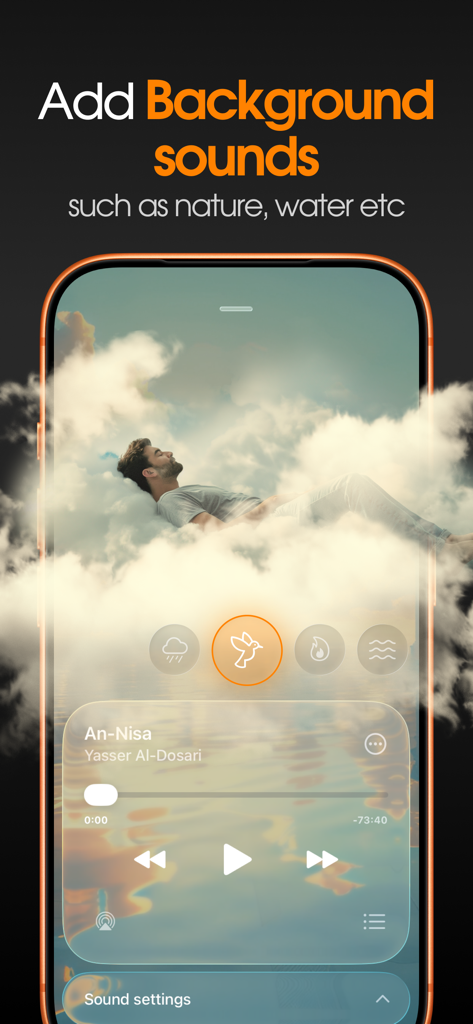 Quran Audio Player: Quranify - Pantalla de la aplicación Quranify para agregar sonidos de naturaleza y agua al audio del Corán