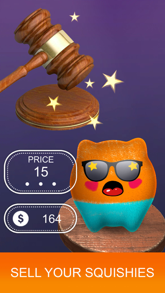 Make Super Squishy - Simulator - An interface showing an orange squishy character with sunglasses being sold with a wooden gavel