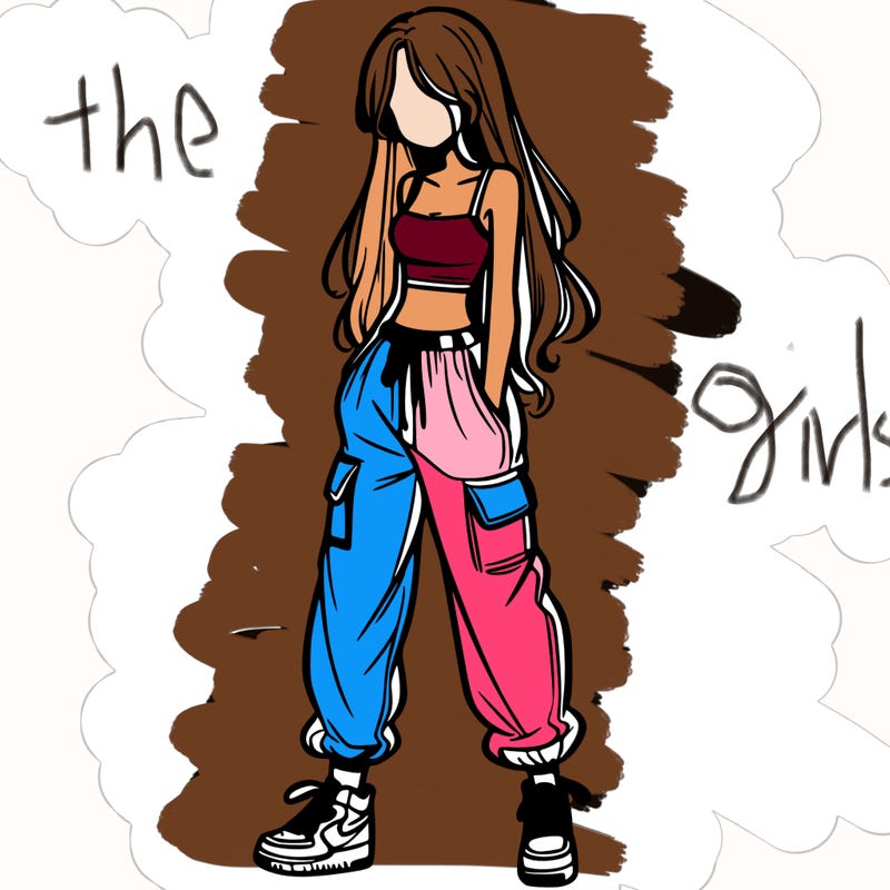 girl in baggy pants crop top and long hair