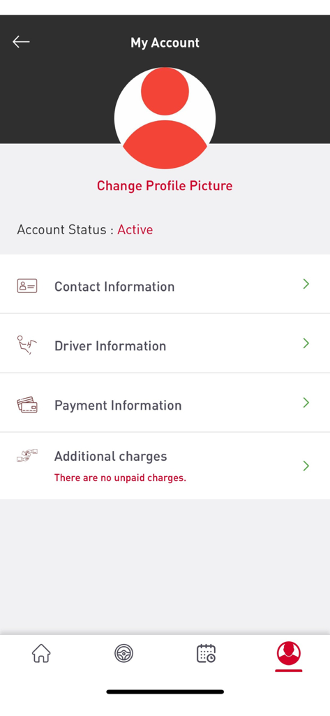 Schermata Il mio account dell'app Avis Car Sharing che mostra il profilo utente e le impostazioni delle informazioni.