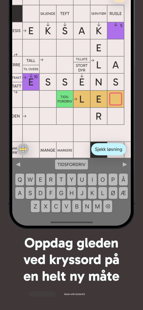 Una captura de pantalla de la aplicación Kryssordprinsen que muestra un crucigrama en noruego en un smartphone.