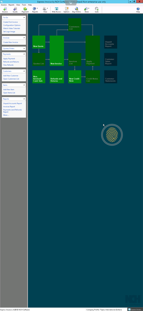 TSplus Remote Desktop - Windows business application interface for Express Invoice being accessed remotely through the TSplus mobile app.