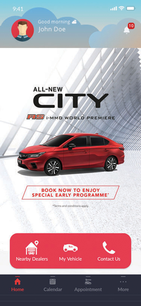 Écran d'accueil de l'application HondaTouch affichant une Honda City rouge et des icônes de navigation de service